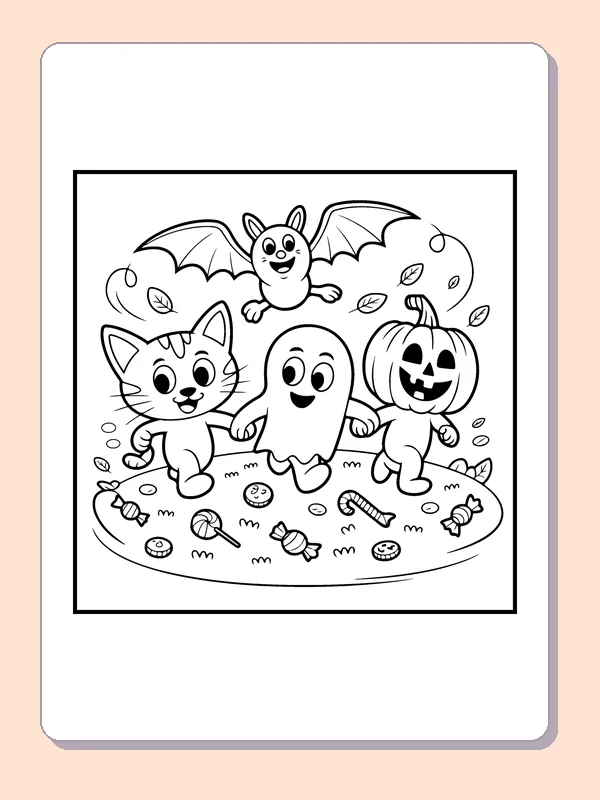 Kitten, Ghost and Pumpkin Friends Halloween cat coloring page, black and white line art to print or color online