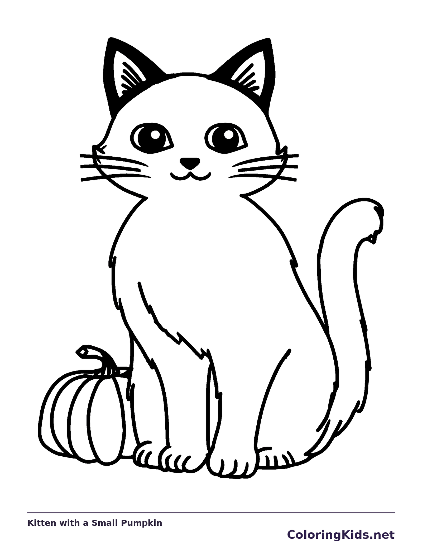 Kitten with a Small Pumpkin Halloween cat coloring page, black and white line art to print or color online