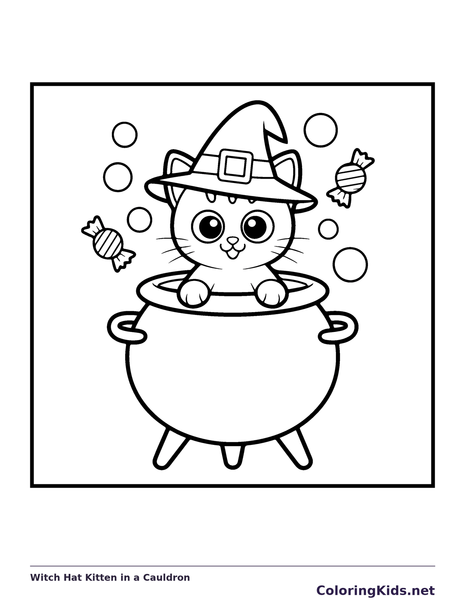 Witch Hat Kitten in a Cauldron Halloween cat coloring page, black and white line art to print or color online