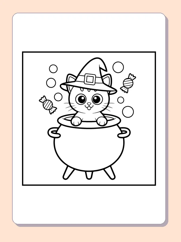 Witch Hat Kitten in a Cauldron Halloween cat coloring page, black and white line art to print or color online