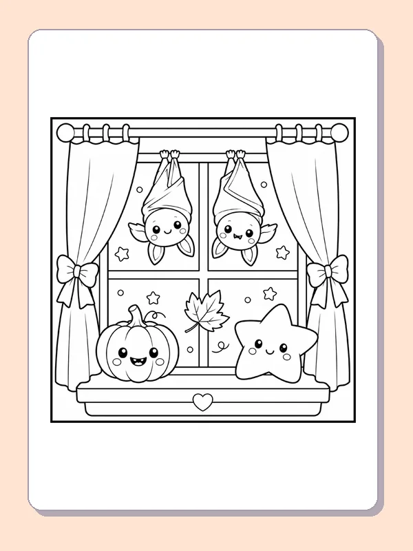 Black and white printable drawing of bats, Pumpkin and Star at a Window