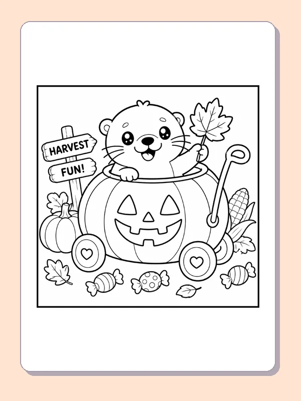 Black and white printable drawing of bear Riding in a Pumpkin Wagon
