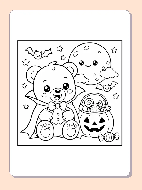 Black and white printable drawing of bear in a Vampire Cape with Treat Bucket