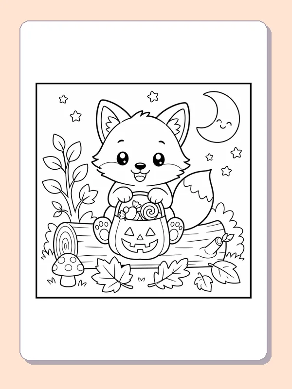 Black and white printable drawing of fox with a Pumpkin Treat Bag