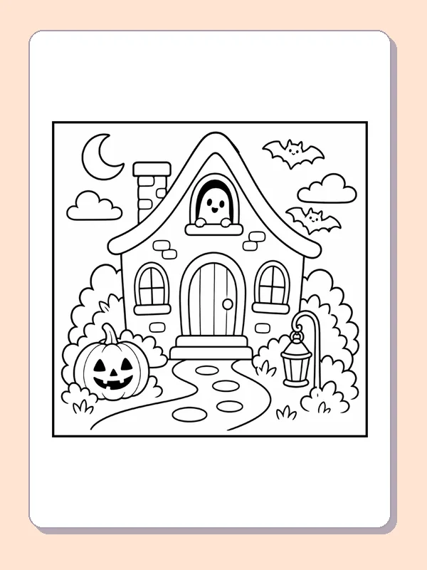 Black and white printable drawing of friendly Ghost at a Halloween House