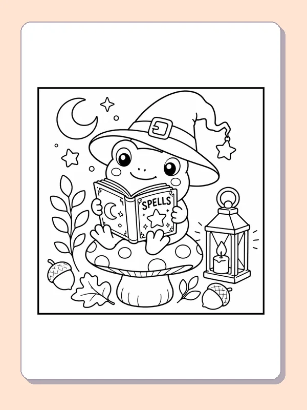 Black and white printable drawing of frog Reading a Spell Book