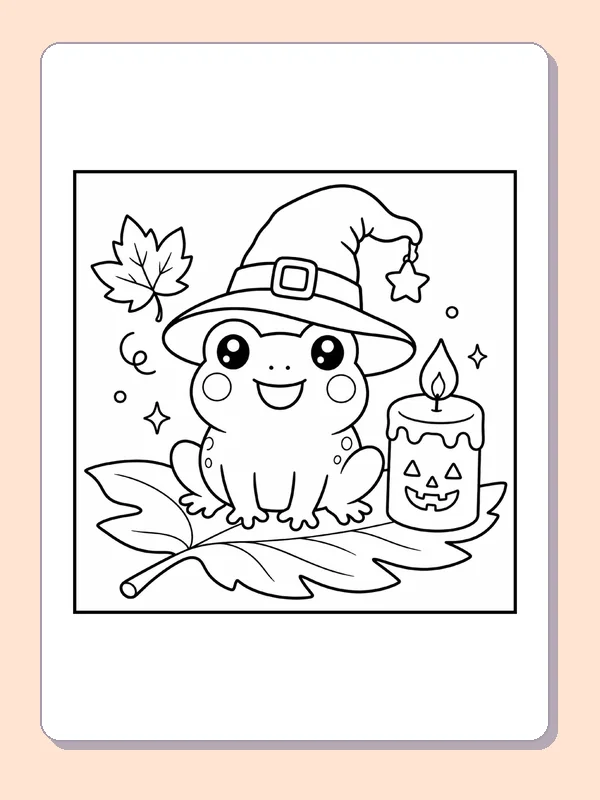 Black and white printable drawing of frog in a Witch Hat beside a Candle