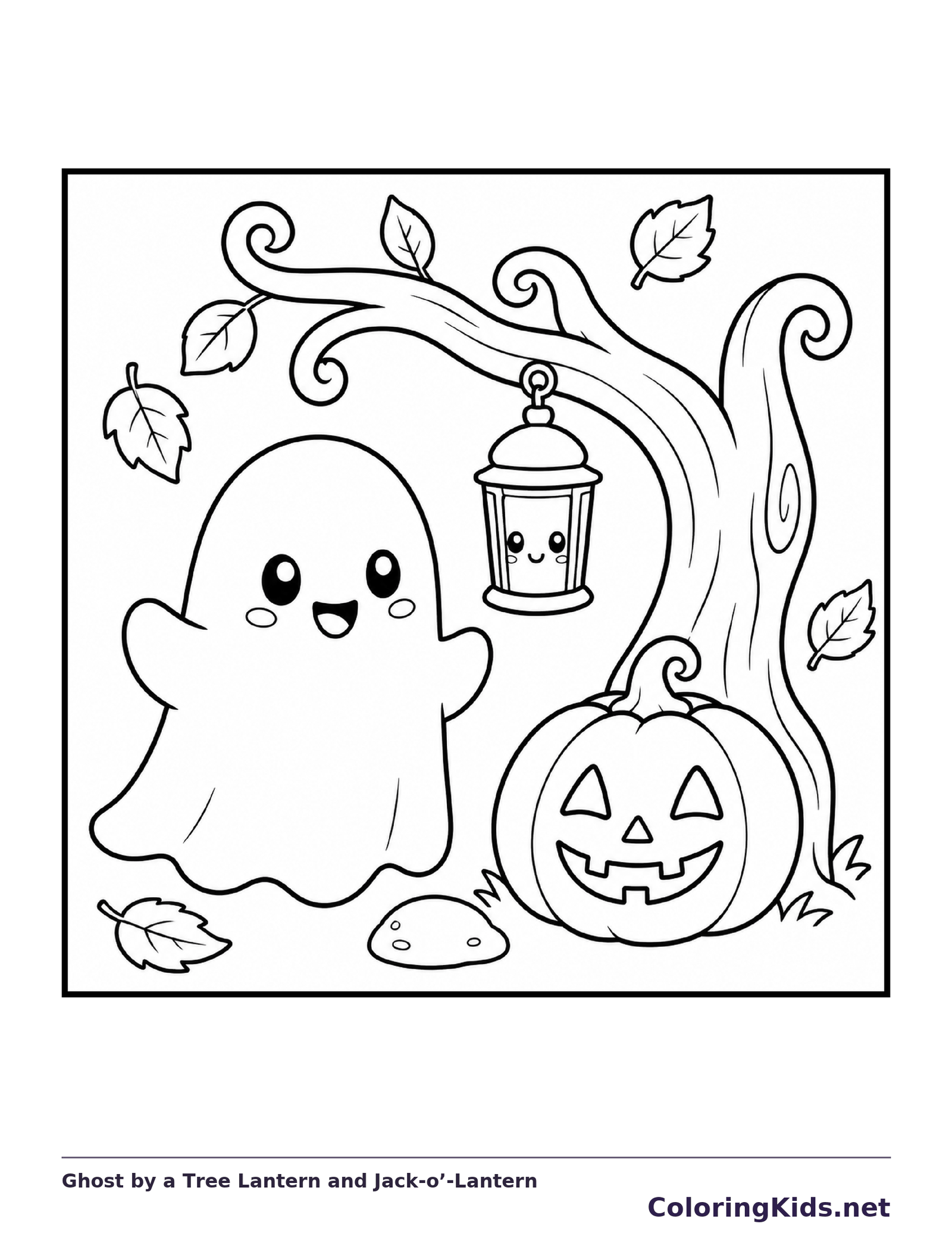 Black and white printable drawing of ghost by a Tree Lantern and Jack-o’-Lantern