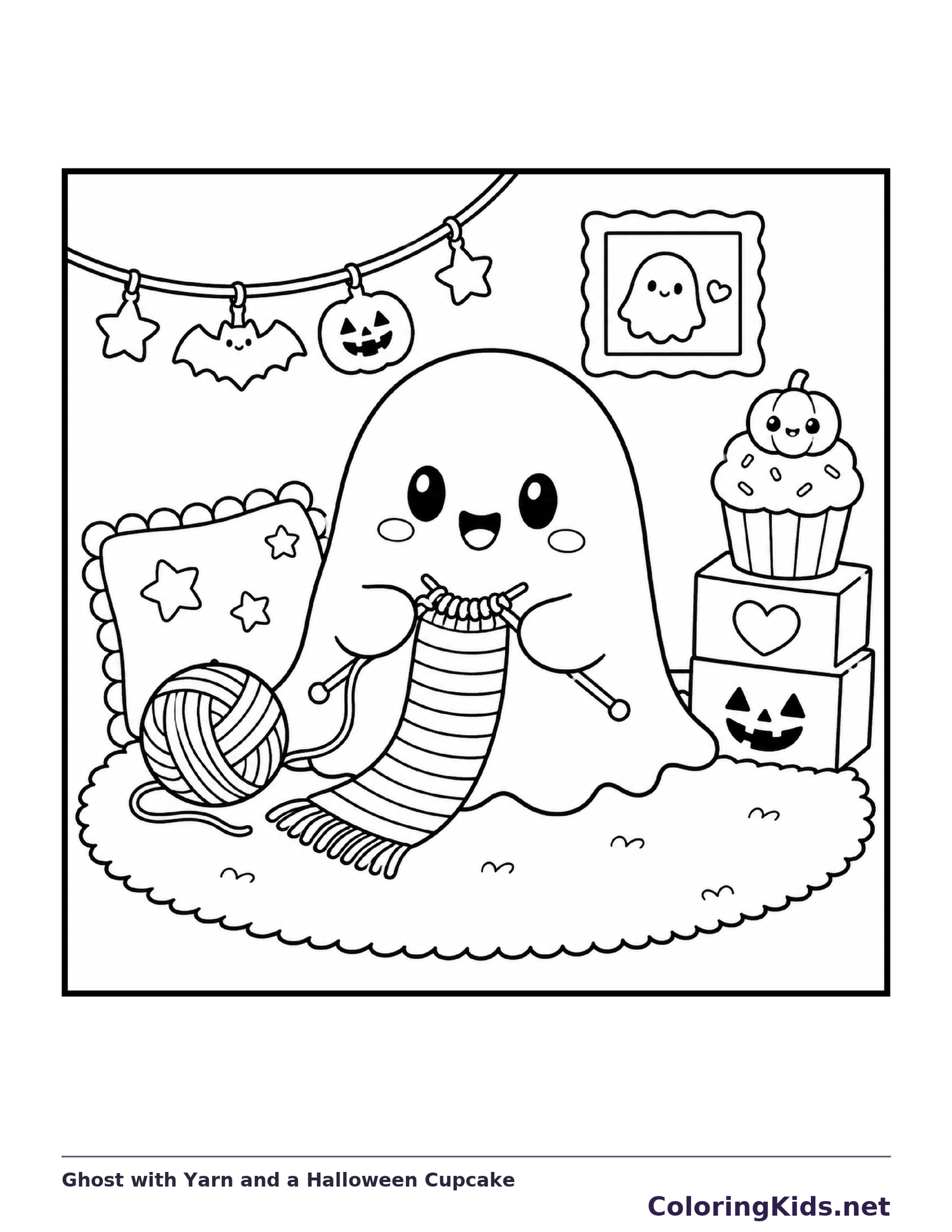 Black and white printable drawing of ghost with Yarn and a Halloween Cupcake