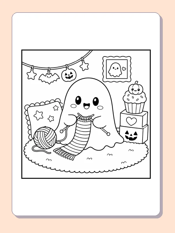 Black and white printable drawing of ghost with Yarn and a Halloween Cupcake
