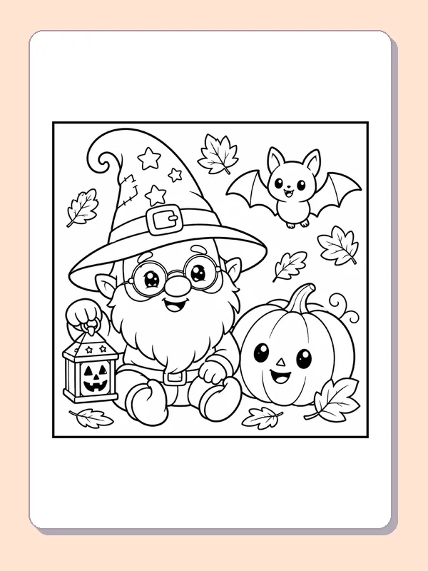 Black and white printable drawing of halloween Gnome with Pumpkin and Lantern
