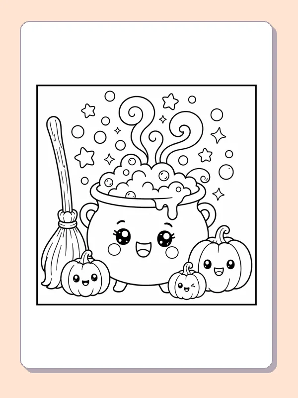 Black and white printable drawing of happy Cauldron with Broom and Pumpkins