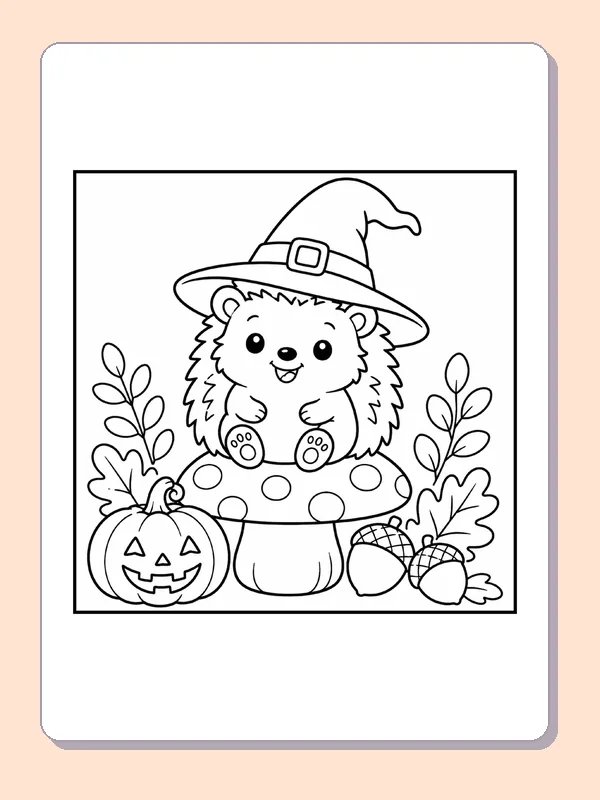 Black and white printable drawing of hedgehog in a Witch Hat on a Mushroom