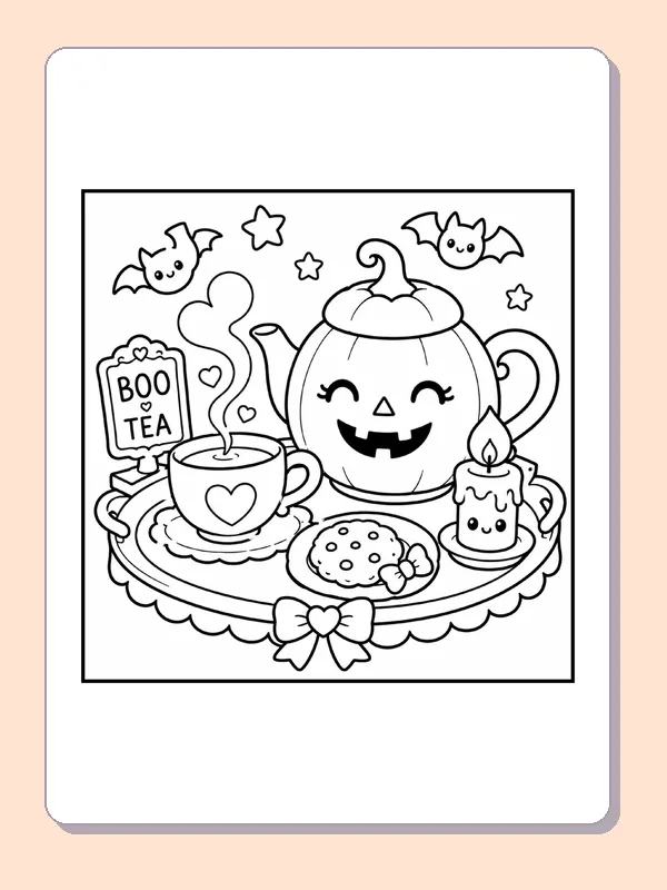 Black and white printable drawing of jack-o’-Lantern Serving Boo Tea