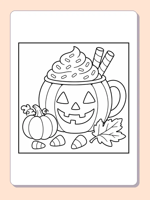 Black and white printable drawing of jack-o’-Lantern Hot Chocolate Mug