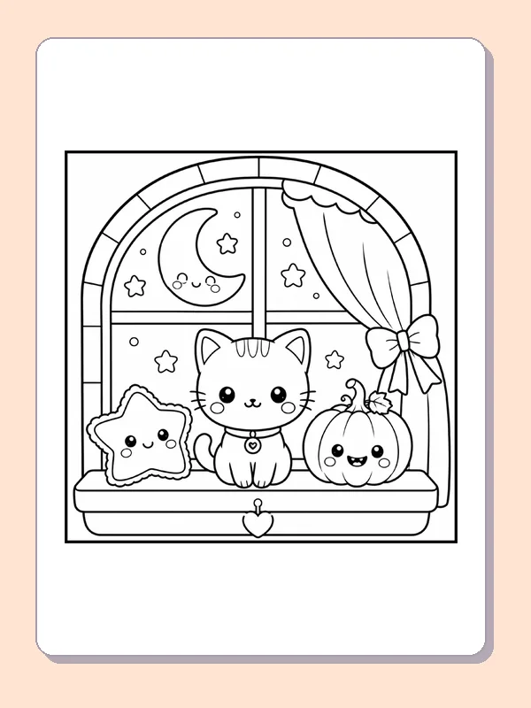 Black and white printable drawing of kitten Watching Halloween Night