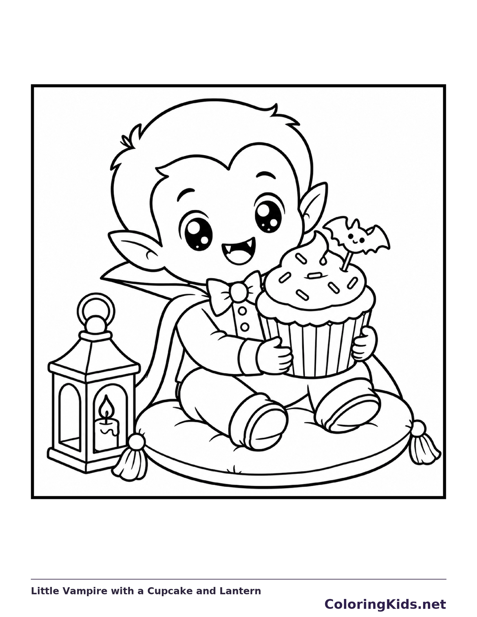 Black and white printable drawing of little Vampire with a Cupcake and Lantern