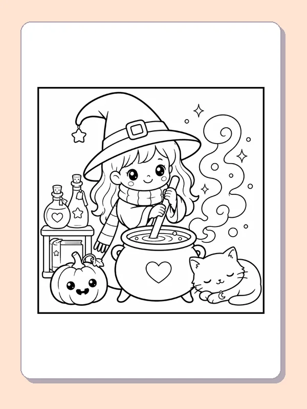 Black and white printable drawing of little Witch Stirring a Cauldron