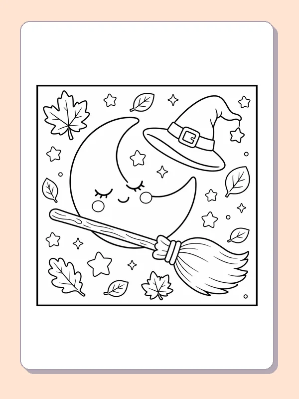 Black and white printable drawing of moon in a Witch Hat on a Broom