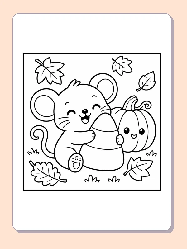 Black and white printable drawing of mouse Hugging a Little Pumpkin