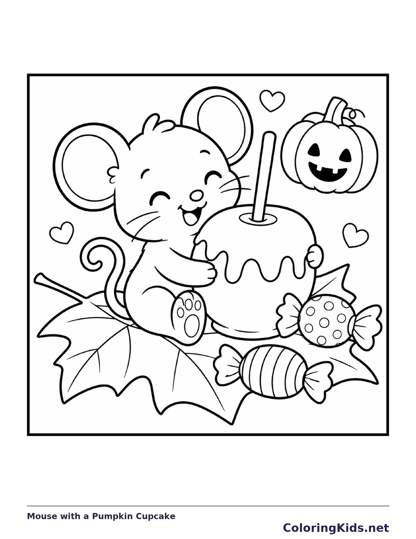 Black and white printable drawing of mouse with a Pumpkin Cupcake