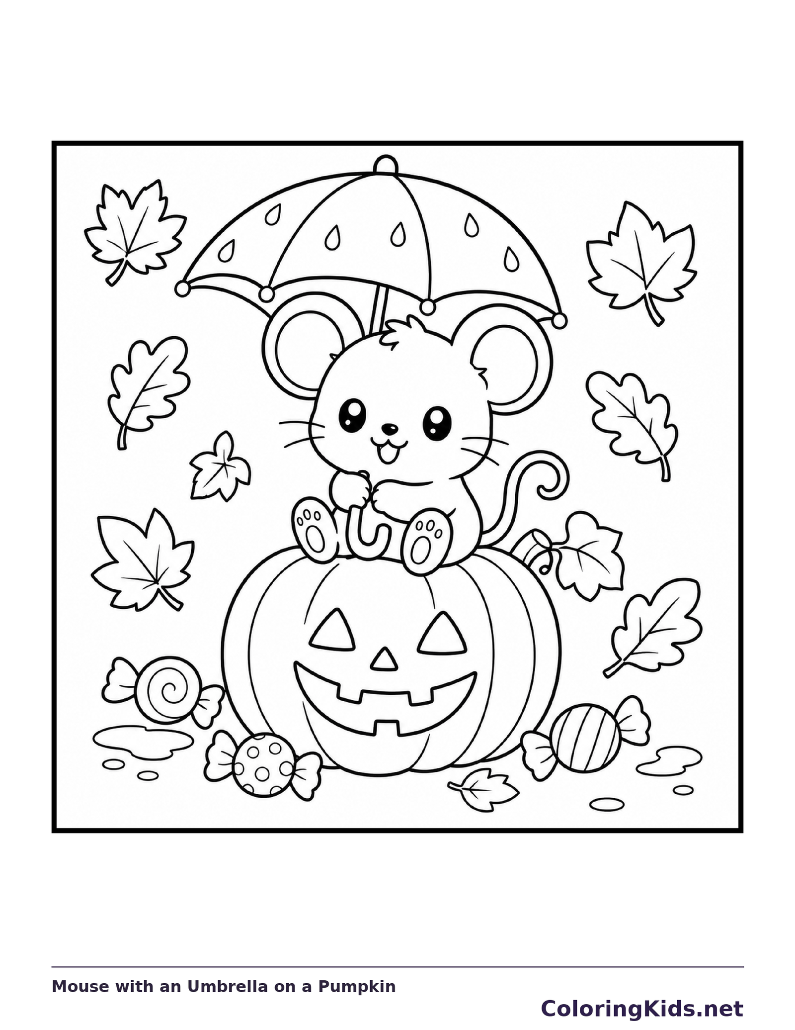 Black and white printable drawing of mouse with an Umbrella on a Pumpkin