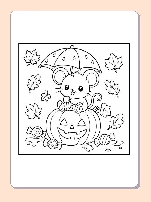 Black and white printable drawing of mouse with an Umbrella on a Pumpkin