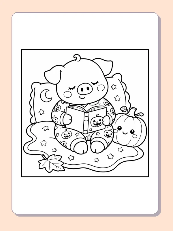 Black and white printable drawing of piglet Reading a Halloween Book