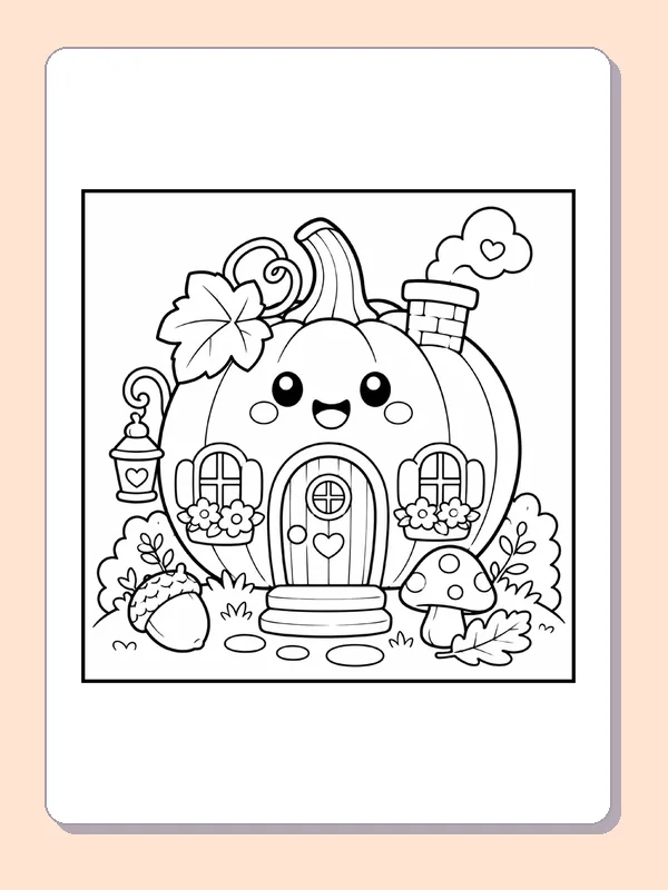 Black and white printable drawing of pumpkin House with a Heart-Shaped Door
