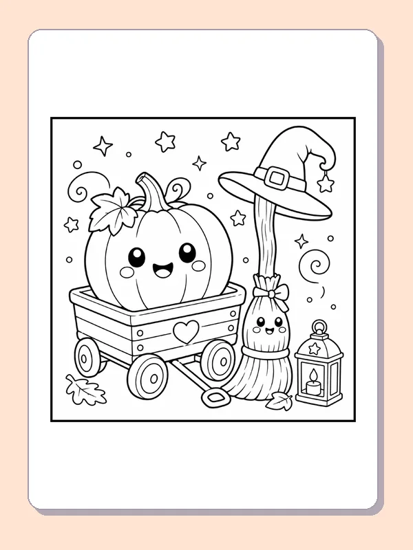 Black and white printable drawing of pumpkin Riding in a Little Wagon