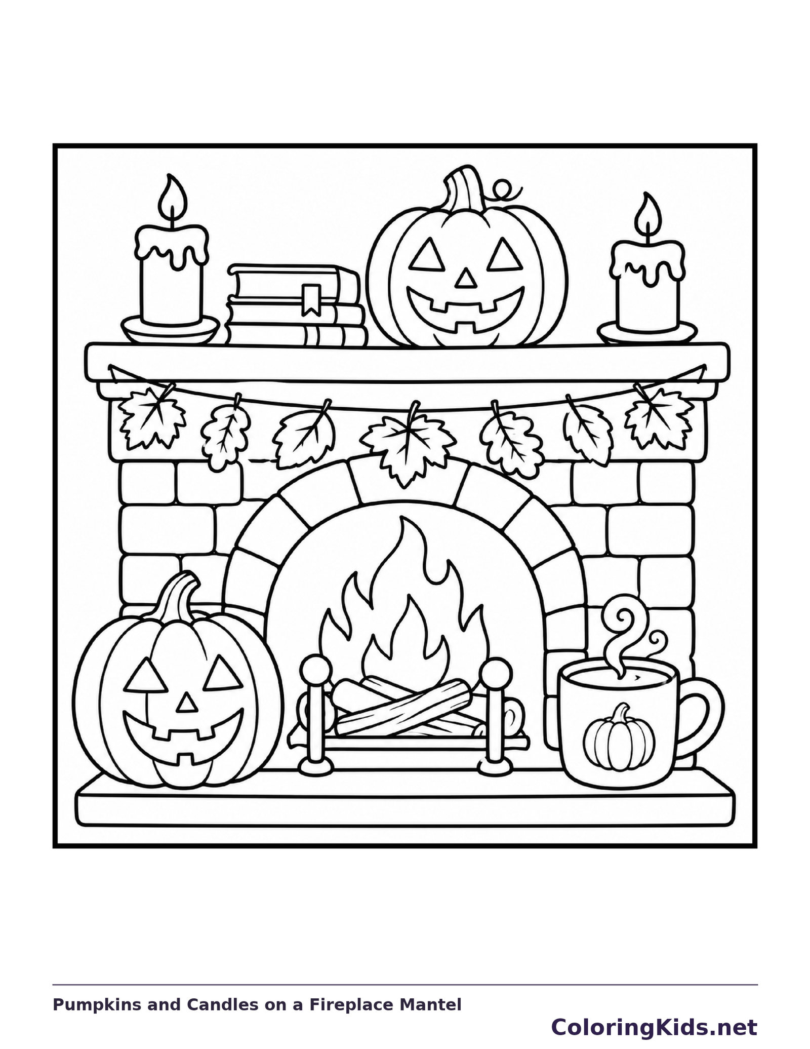 Black and white printable drawing of pumpkins and Candles on a Fireplace Mantel