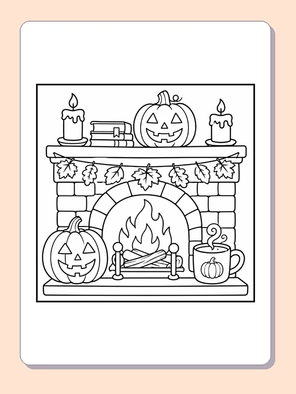 Black and white printable drawing of pumpkins and Candles on a Fireplace Mantel