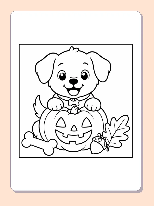 Black and white printable drawing of puppy behind a Jack-o’-Lantern