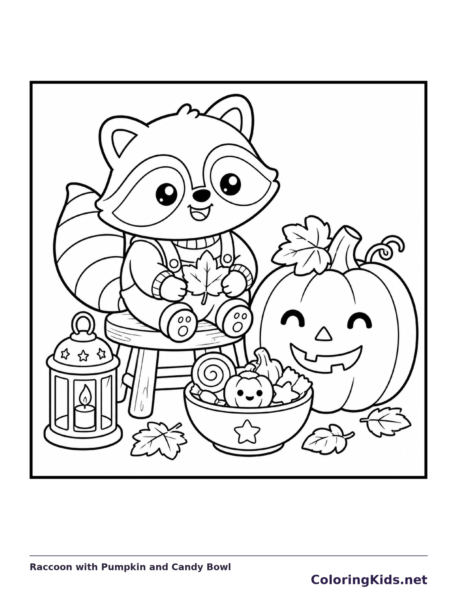 Black and white printable drawing of raccoon with Pumpkin and Candy Bowl