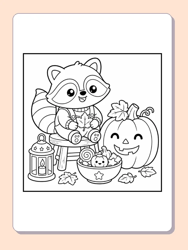 Black and white printable drawing of raccoon with Pumpkin and Candy Bowl