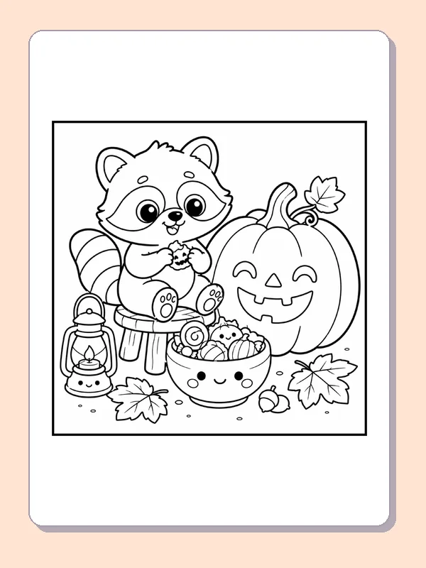 Black and white printable drawing of raccoon Sharing Candy beside a Pumpkin