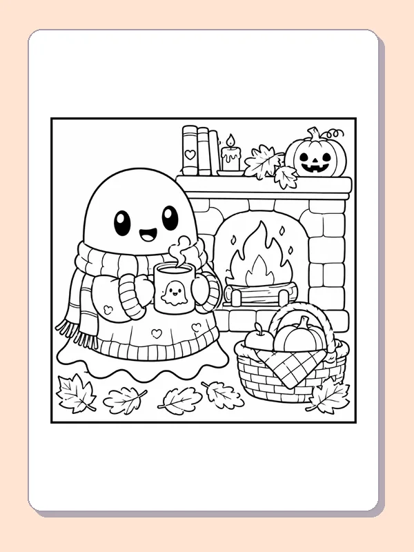 Black and white printable drawing of scarfed Ghost by a Halloween Fireplace