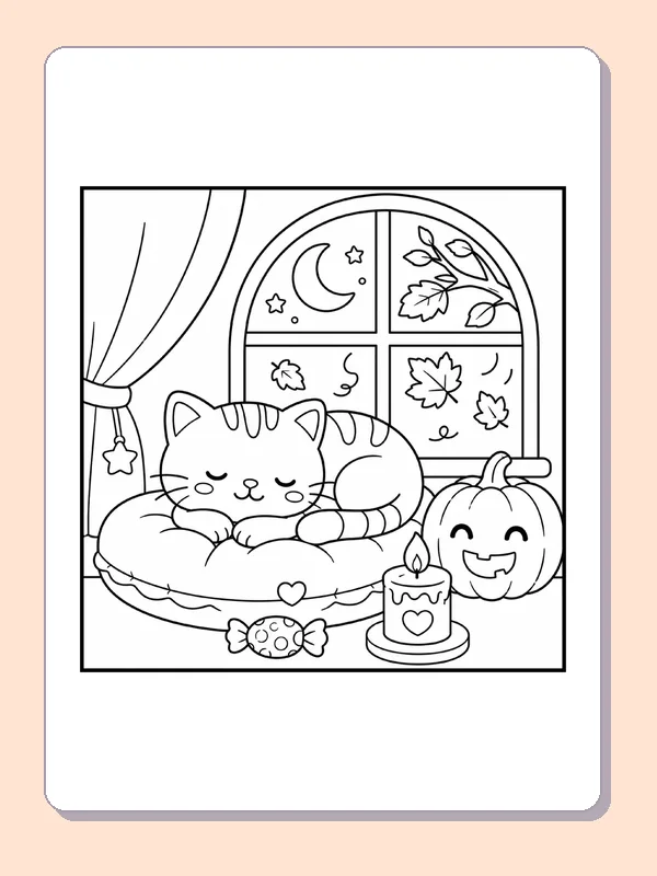 Black and white printable drawing of sleeping Cat by a Halloween Window