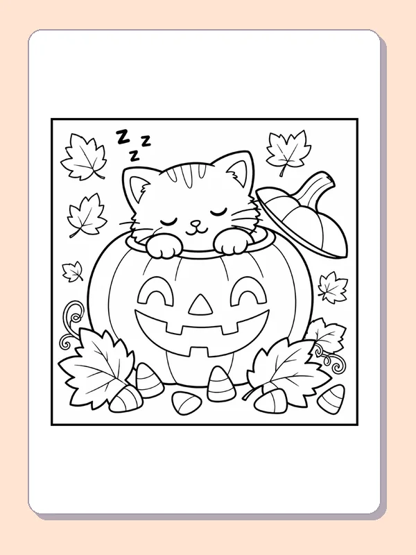Black and white printable drawing of sleeping Cat inside a Jack-o’-Lantern