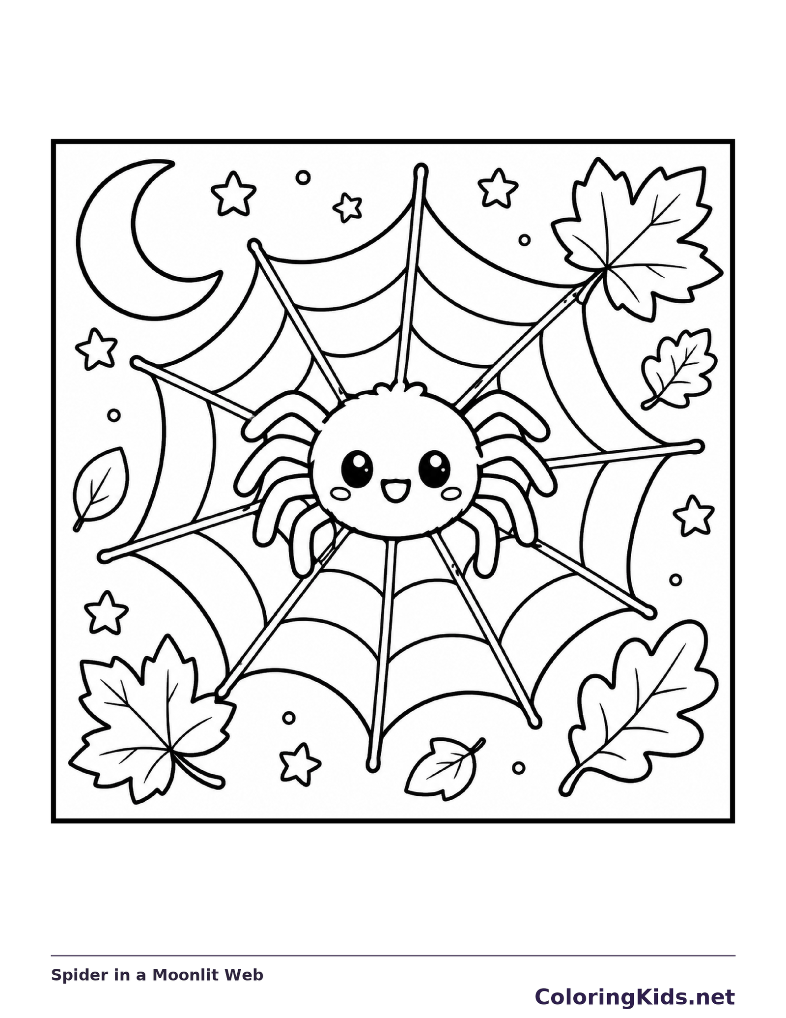 Black and white printable drawing of spider in a Moonlit Web