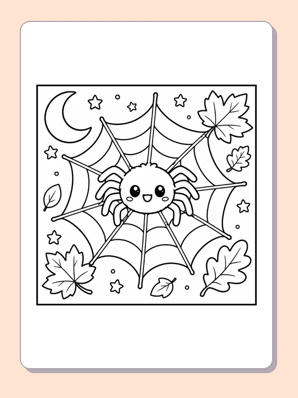 Black and white printable drawing of spider in a Moonlit Web
