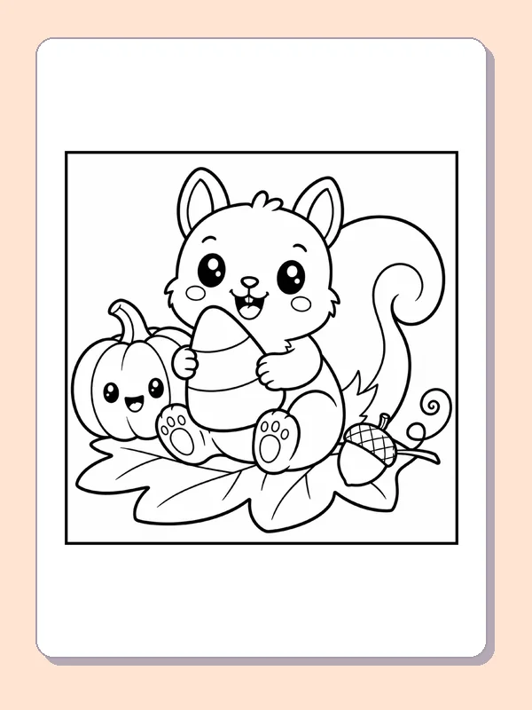 Black and white printable drawing of squirrel with a Pumpkin and Acorn
