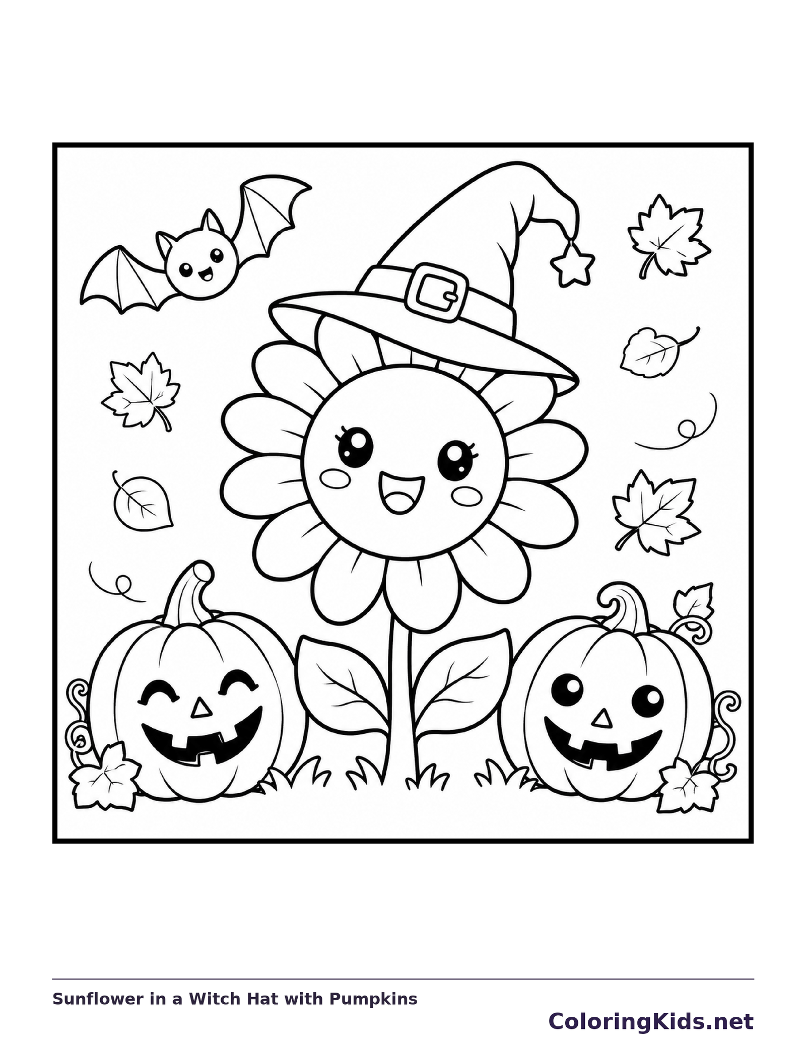 Black and white printable drawing of sunflower in a Witch Hat with Pumpkins