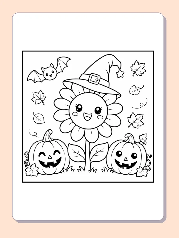Black and white printable drawing of sunflower in a Witch Hat with Pumpkins