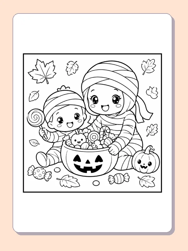 Black and white printable drawing of two Little Mummies with a Candy Bowl