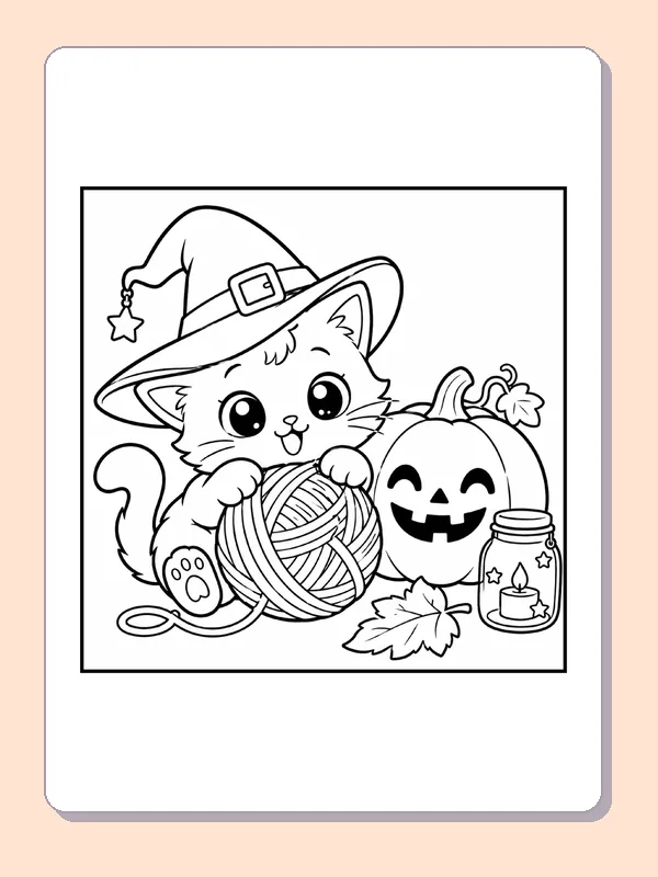 Black and white printable drawing of witch Kitten with Yarn and Pumpkin