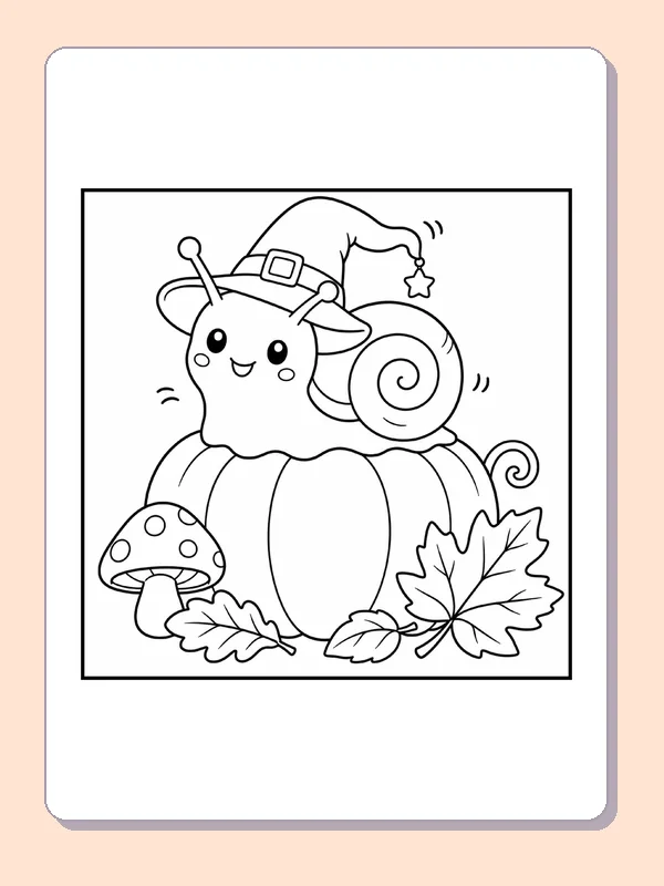 Black and white printable drawing of witch Snail on a Pumpkin