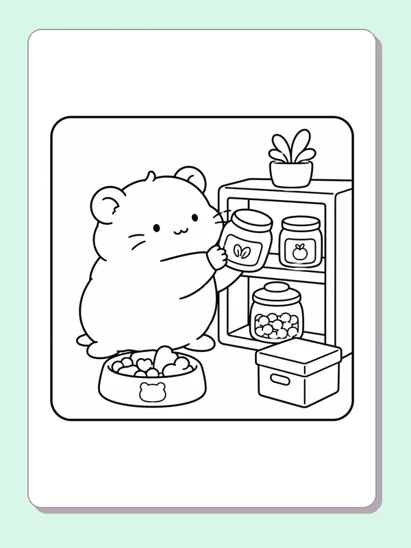 Hamster choosing food from pantry jars beside a bowl and open drawer