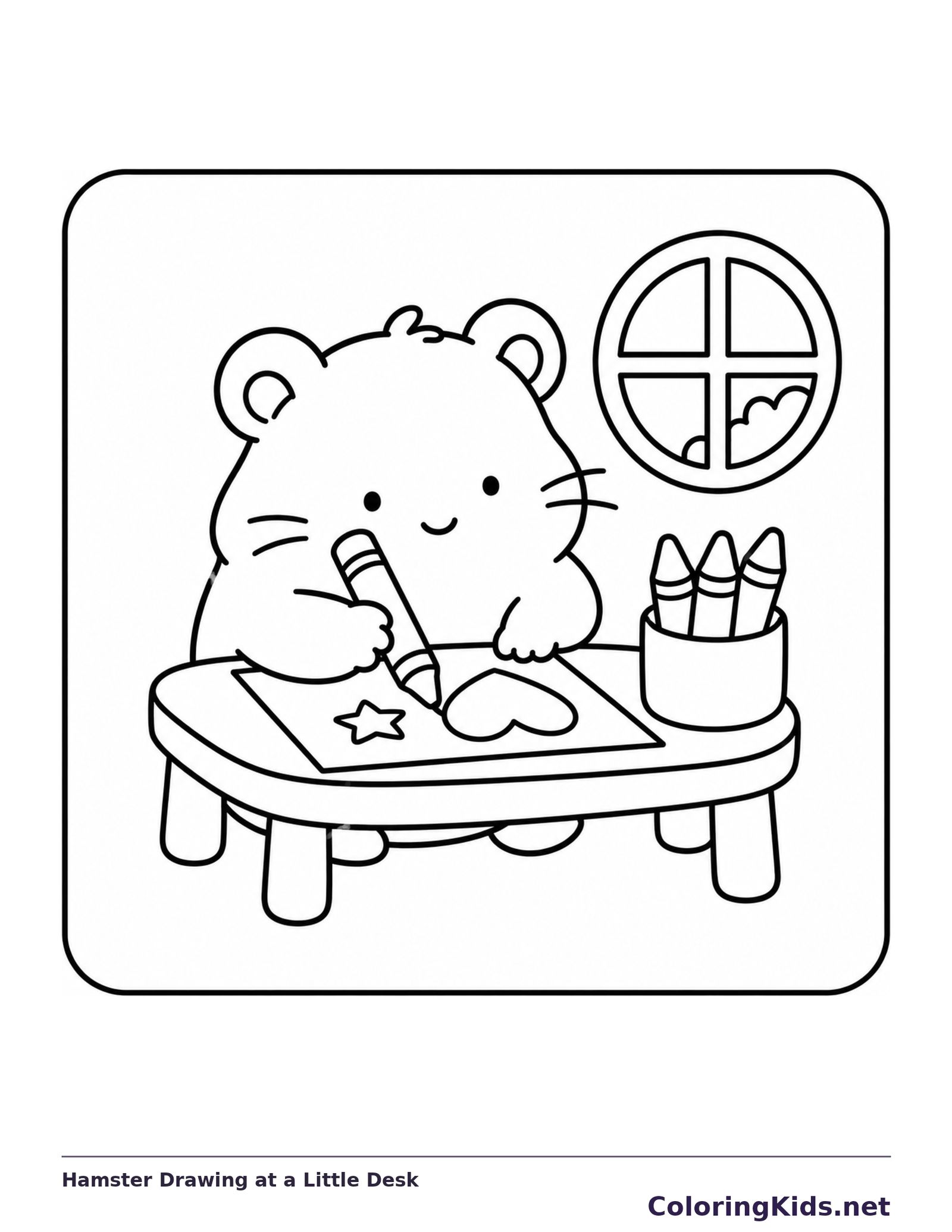 Hamster drawing at a small desk with a pencil and cup of crayons