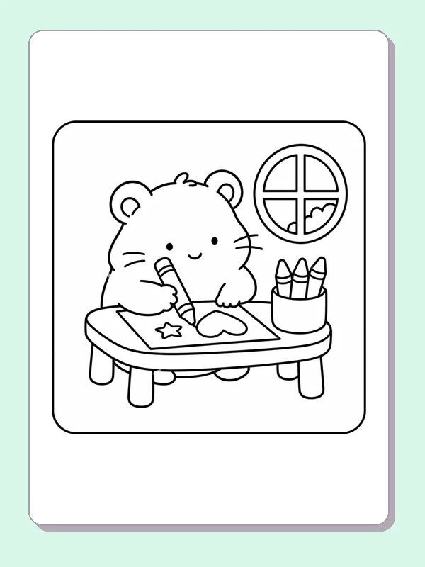 Hamster drawing at a small desk with a pencil and cup of crayons